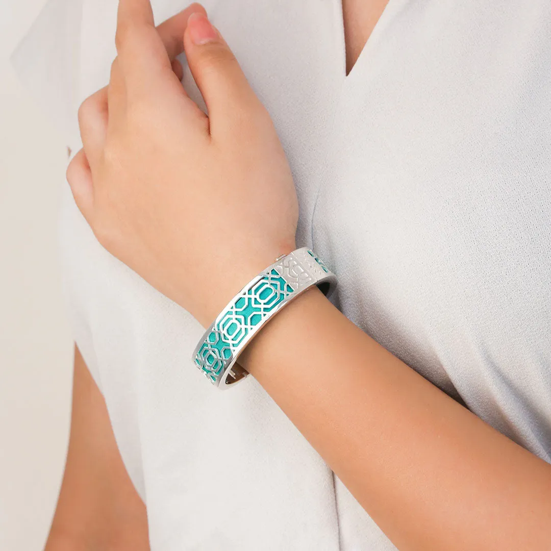 Peranakan Grace Bangle - Shophouse Teal - Sterling Silver