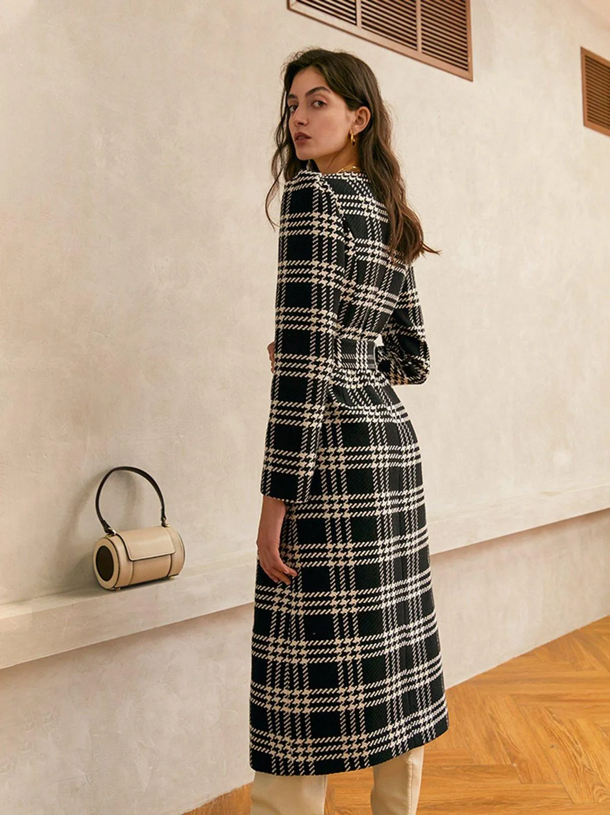 Plaid Square Neck Belted Button Wool Blend Dress Coat