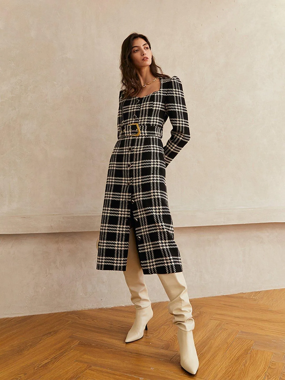 Plaid Square Neck Belted Button Wool Blend Dress Coat