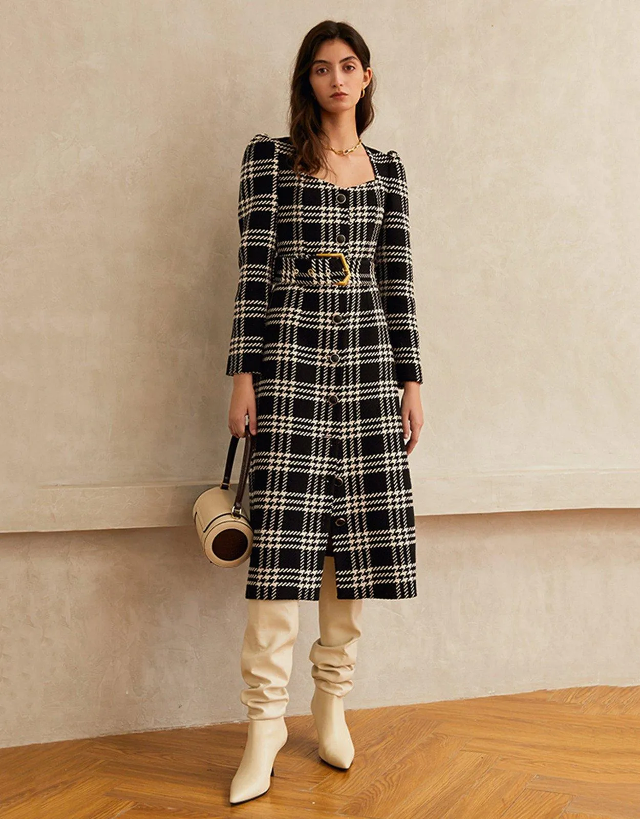 Plaid Square Neck Belted Button Wool Blend Dress Coat