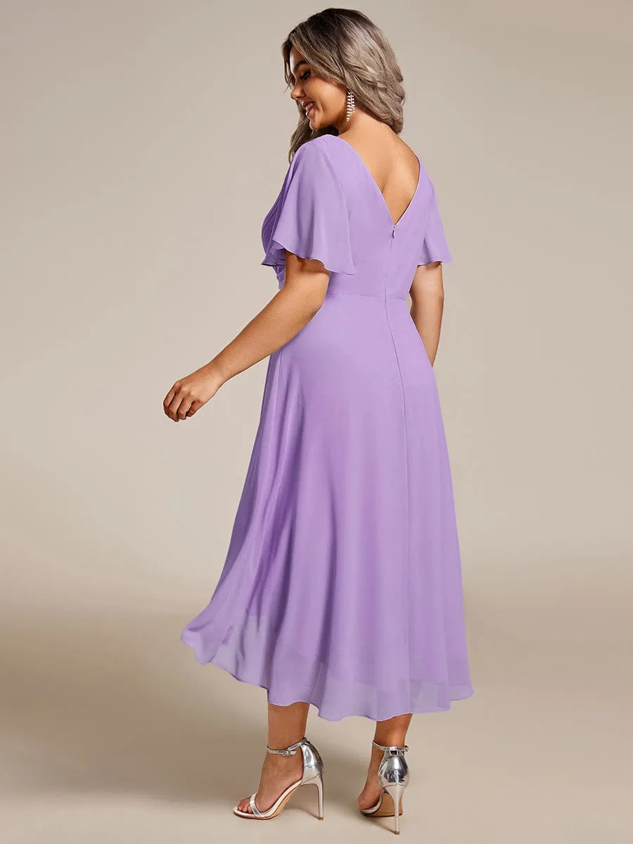 Plus Size Double V-Neck Ruffles Sleeve Chiffon Midi Wedding Guest Dress