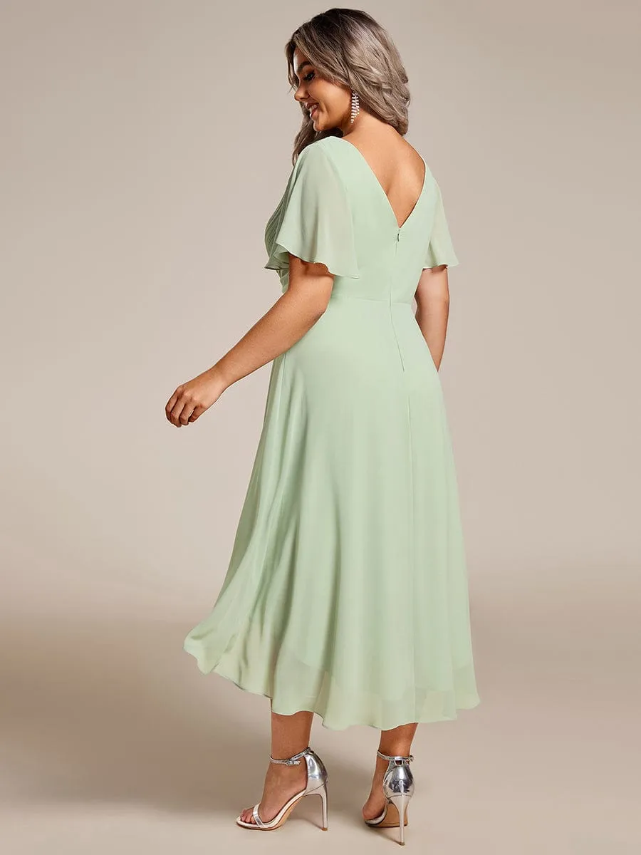 Plus Size Double V-Neck Ruffles Sleeve Chiffon Midi Wedding Guest Dress