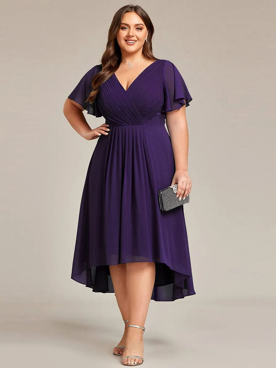 Plus Size Double V-Neck Ruffles Sleeve Chiffon Midi Wedding Guest Dress