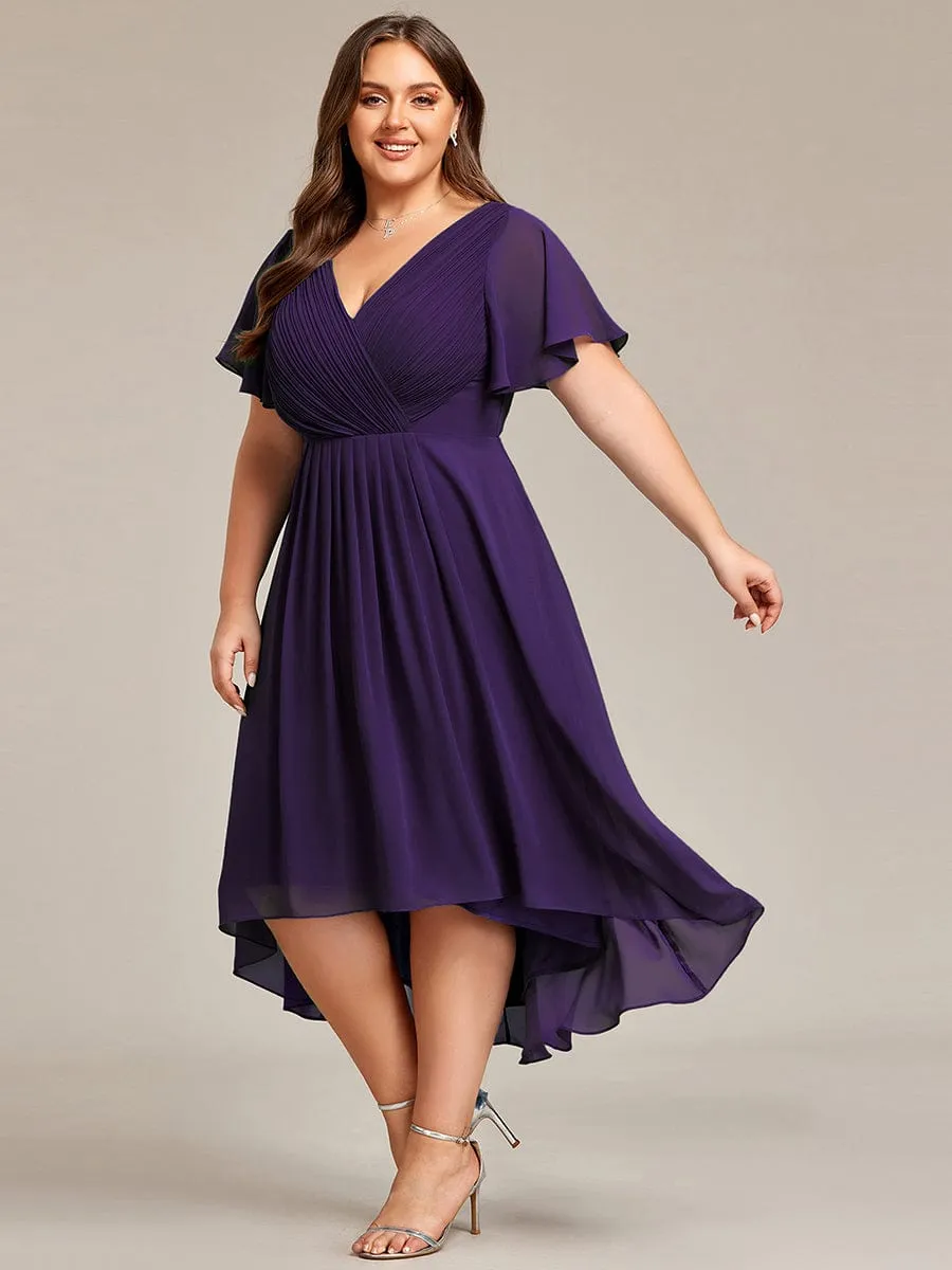 Plus Size Double V-Neck Ruffles Sleeve Chiffon Midi Wedding Guest Dress