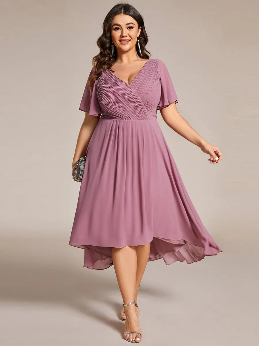 Plus Size Double V-Neck Ruffles Sleeve Chiffon Midi Wedding Guest Dress