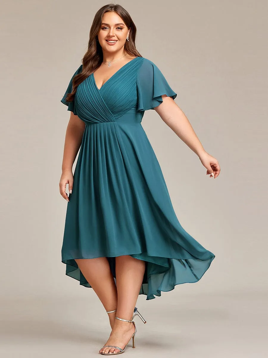 Plus Size Double V-Neck Ruffles Sleeve Chiffon Midi Wedding Guest Dress