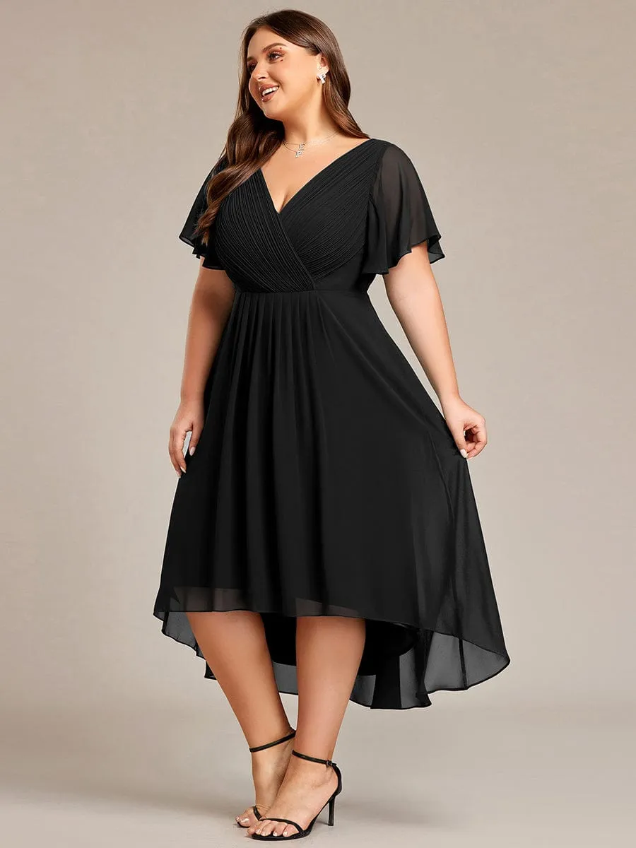 Plus Size Double V-Neck Ruffles Sleeve Chiffon Midi Wedding Guest Dress