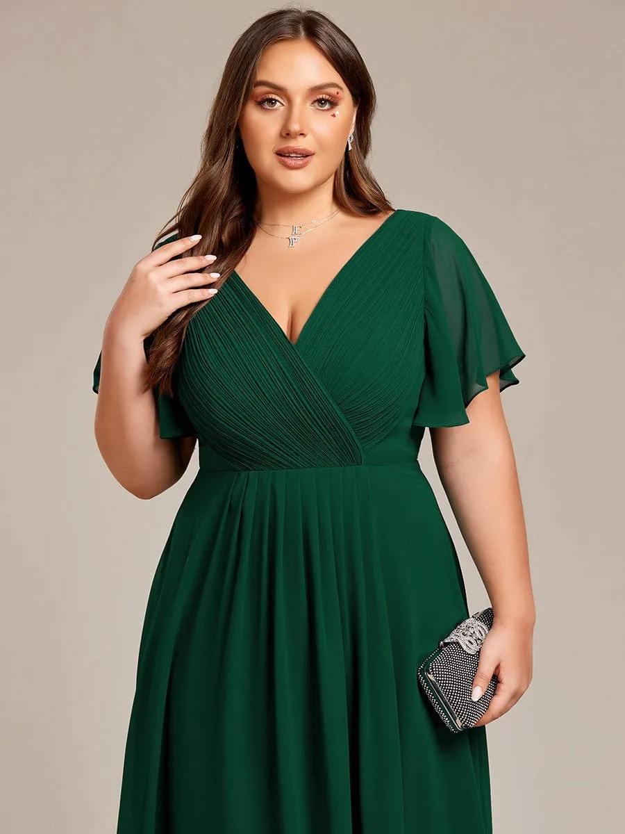 Plus Size Double V-Neck Ruffles Sleeve Chiffon Midi Wedding Guest Dress