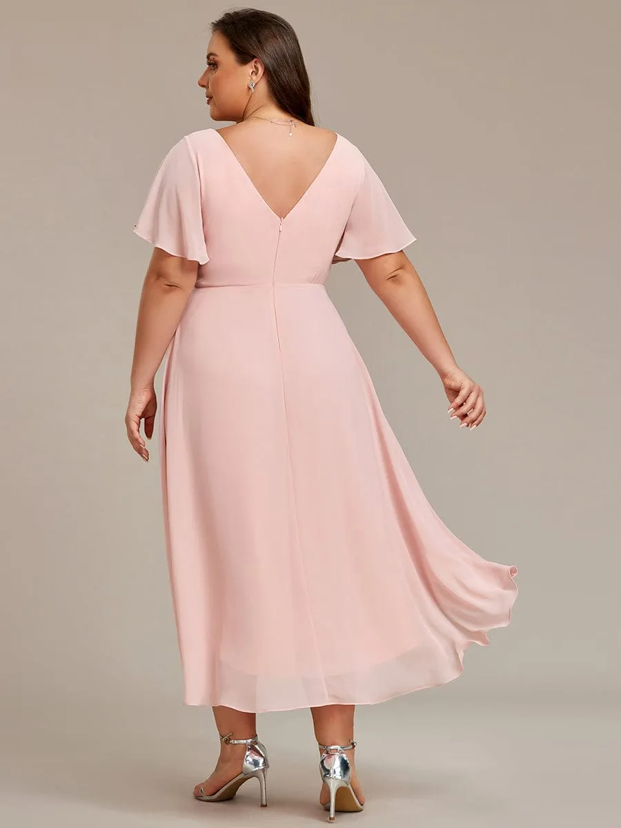 Plus Size Double V-Neck Ruffles Sleeve Chiffon Midi Wedding Guest Dress