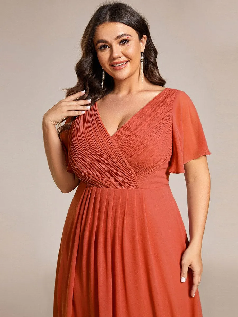 Plus Size Double V-Neck Ruffles Sleeve Chiffon Midi Wedding Guest Dress