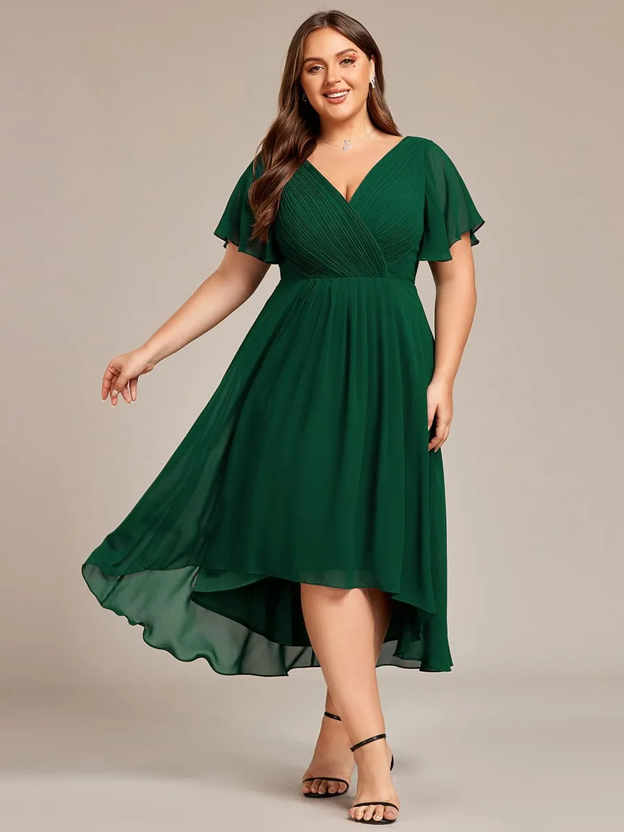 Plus Size Double V-Neck Ruffles Sleeve Chiffon Midi Wedding Guest Dress