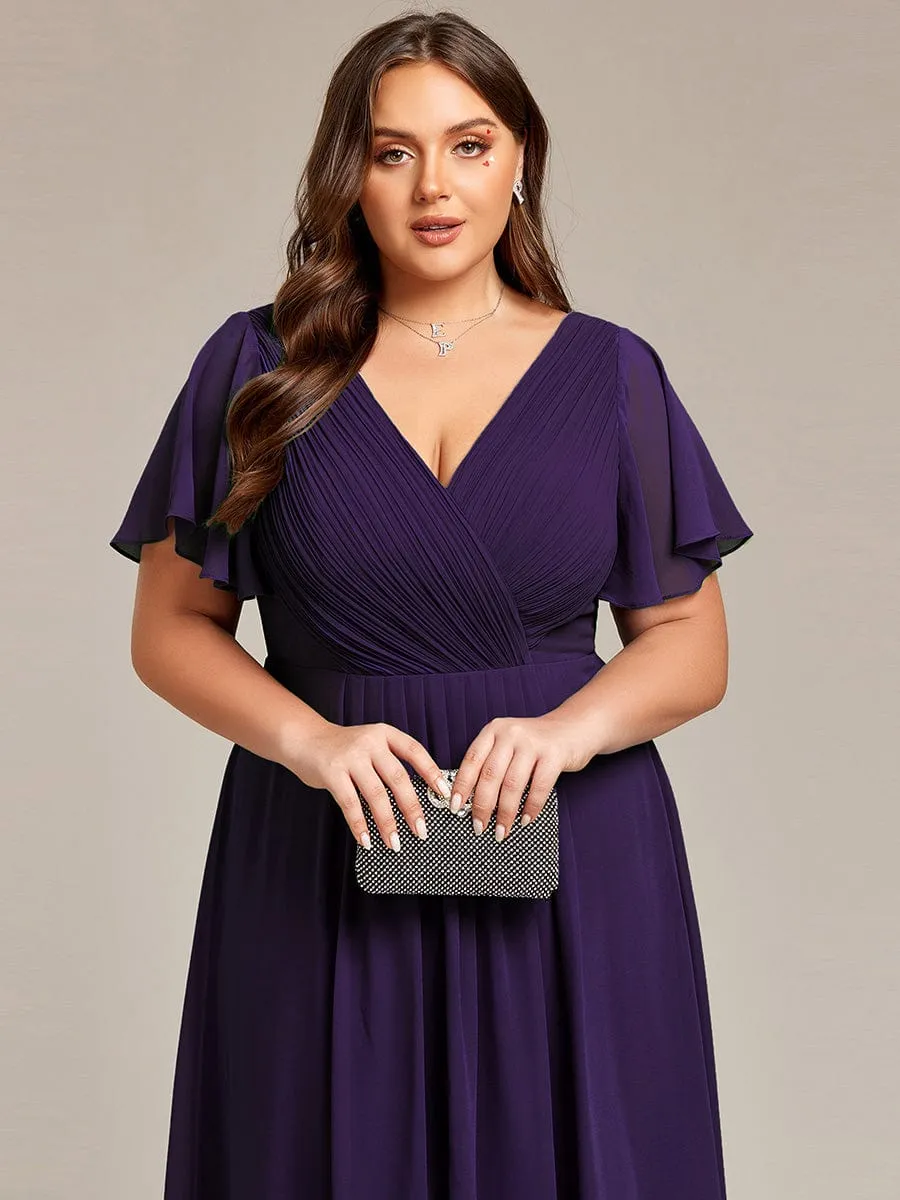 Plus Size Double V-Neck Ruffles Sleeve Chiffon Midi Wedding Guest Dress