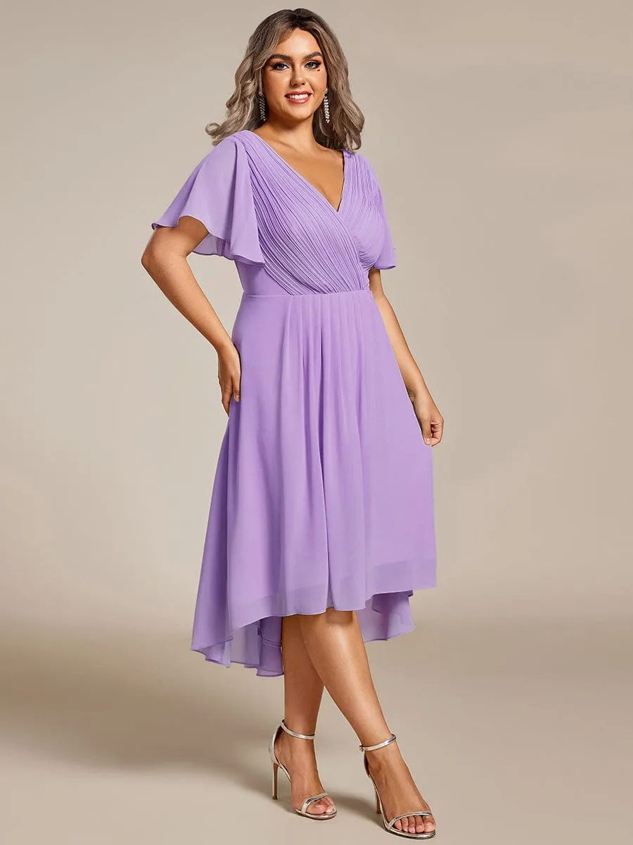 Plus Size Double V-Neck Ruffles Sleeve Chiffon Midi Wedding Guest Dress