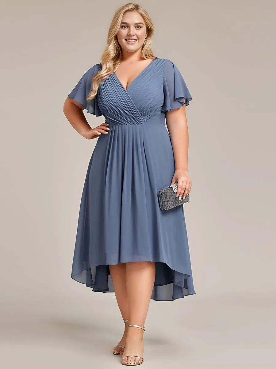 Plus Size Double V-Neck Ruffles Sleeve Chiffon Midi Wedding Guest Dress