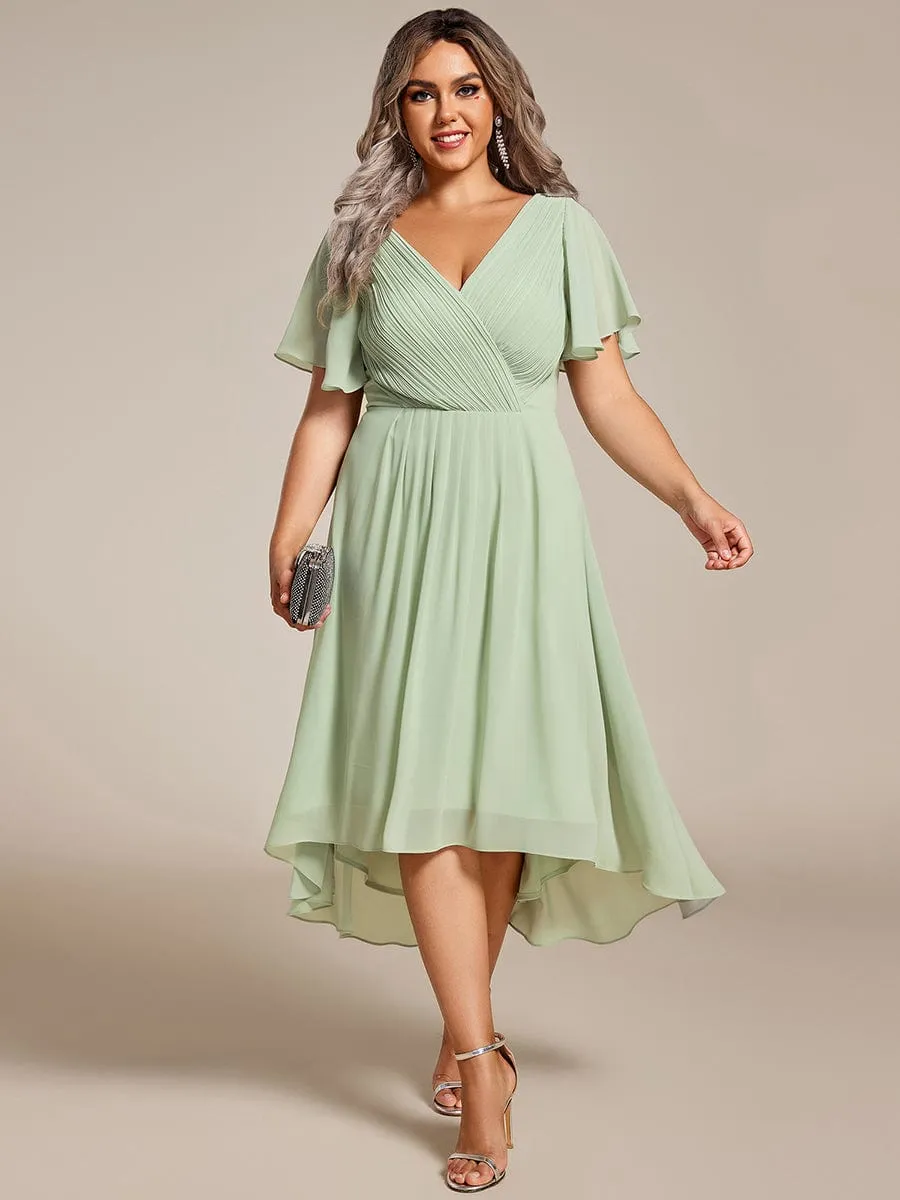 Plus Size Double V-Neck Ruffles Sleeve Chiffon Midi Wedding Guest Dress