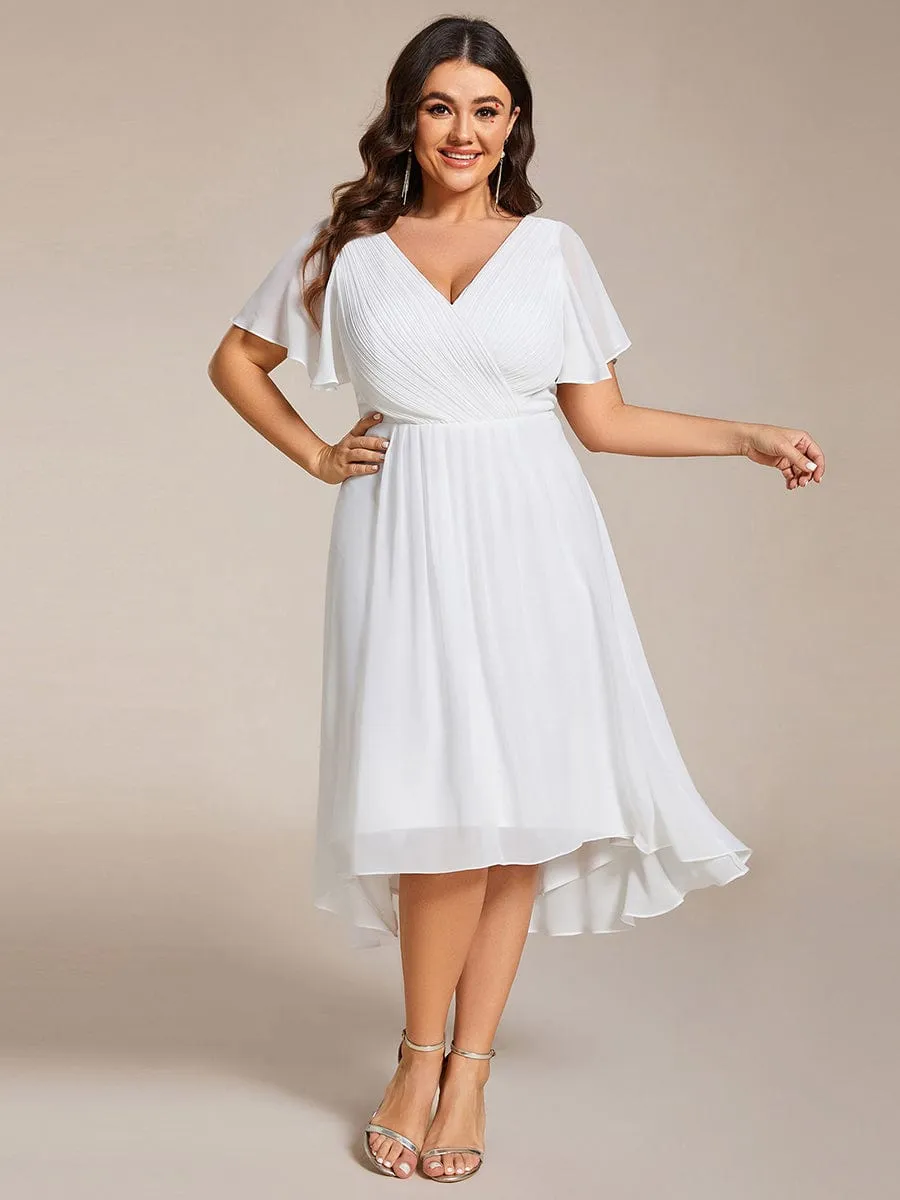 Plus Size Double V-Neck Ruffles Sleeve Chiffon Midi Wedding Guest Dress