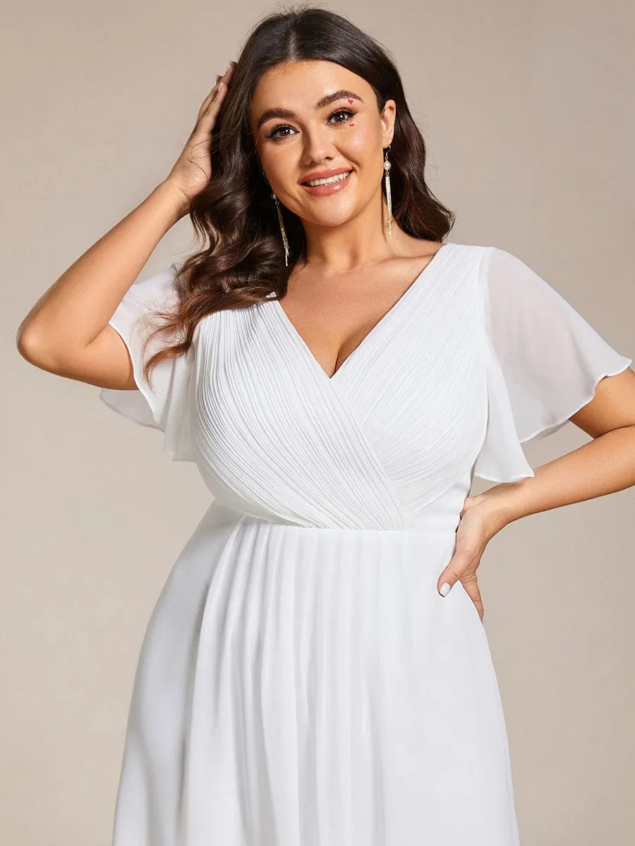 Plus Size Double V-Neck Ruffles Sleeve Chiffon Midi Wedding Guest Dress