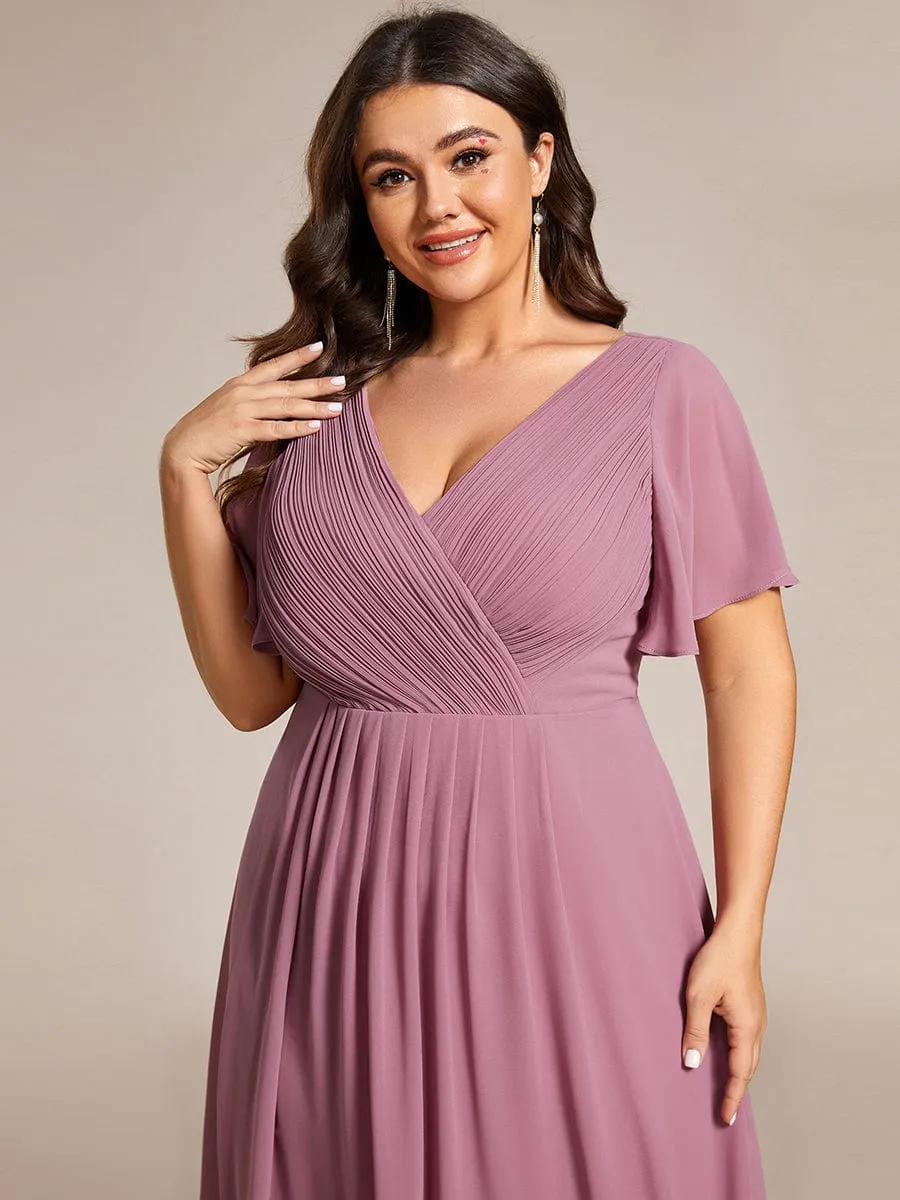 Plus Size Double V-Neck Ruffles Sleeve Chiffon Midi Wedding Guest Dress