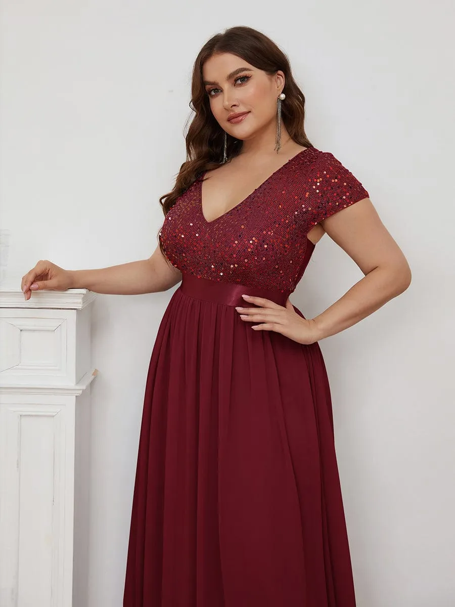 Plus Size Empire Waist V-Neck Cap Sleeve Chiffon Formal Evening Dress