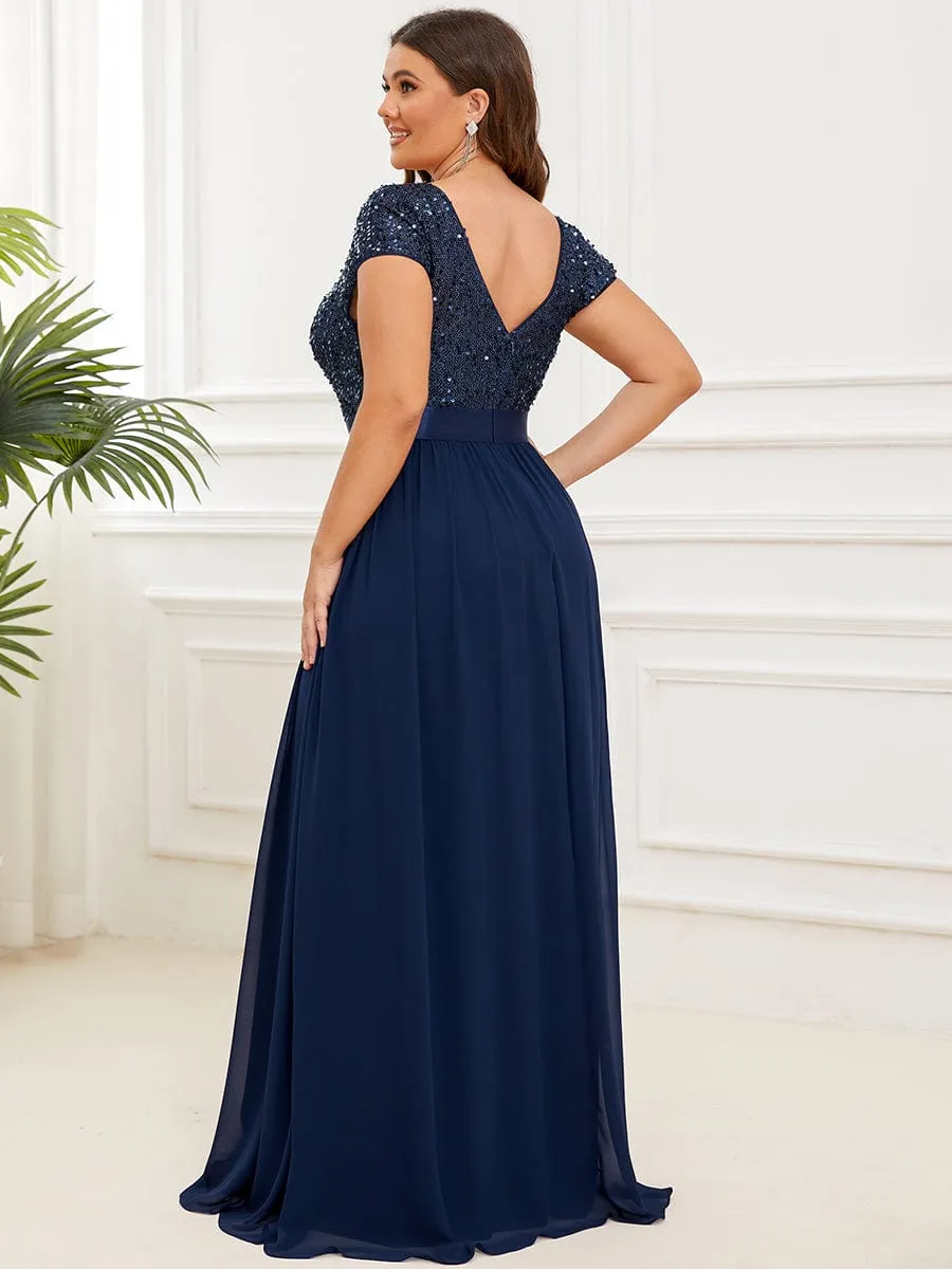 Plus Size Empire Waist V-Neck Cap Sleeve Chiffon Formal Evening Dress