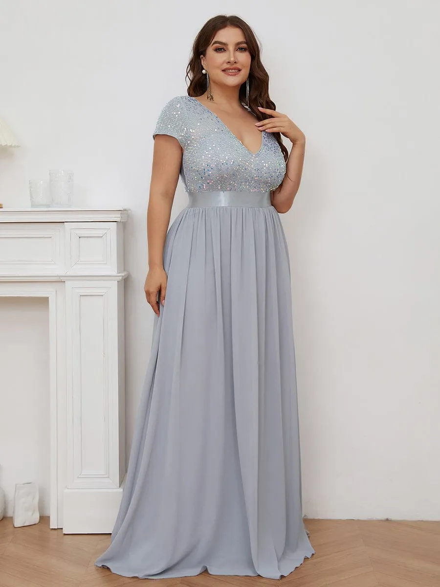 Plus Size Empire Waist V-Neck Cap Sleeve Chiffon Formal Evening Dress