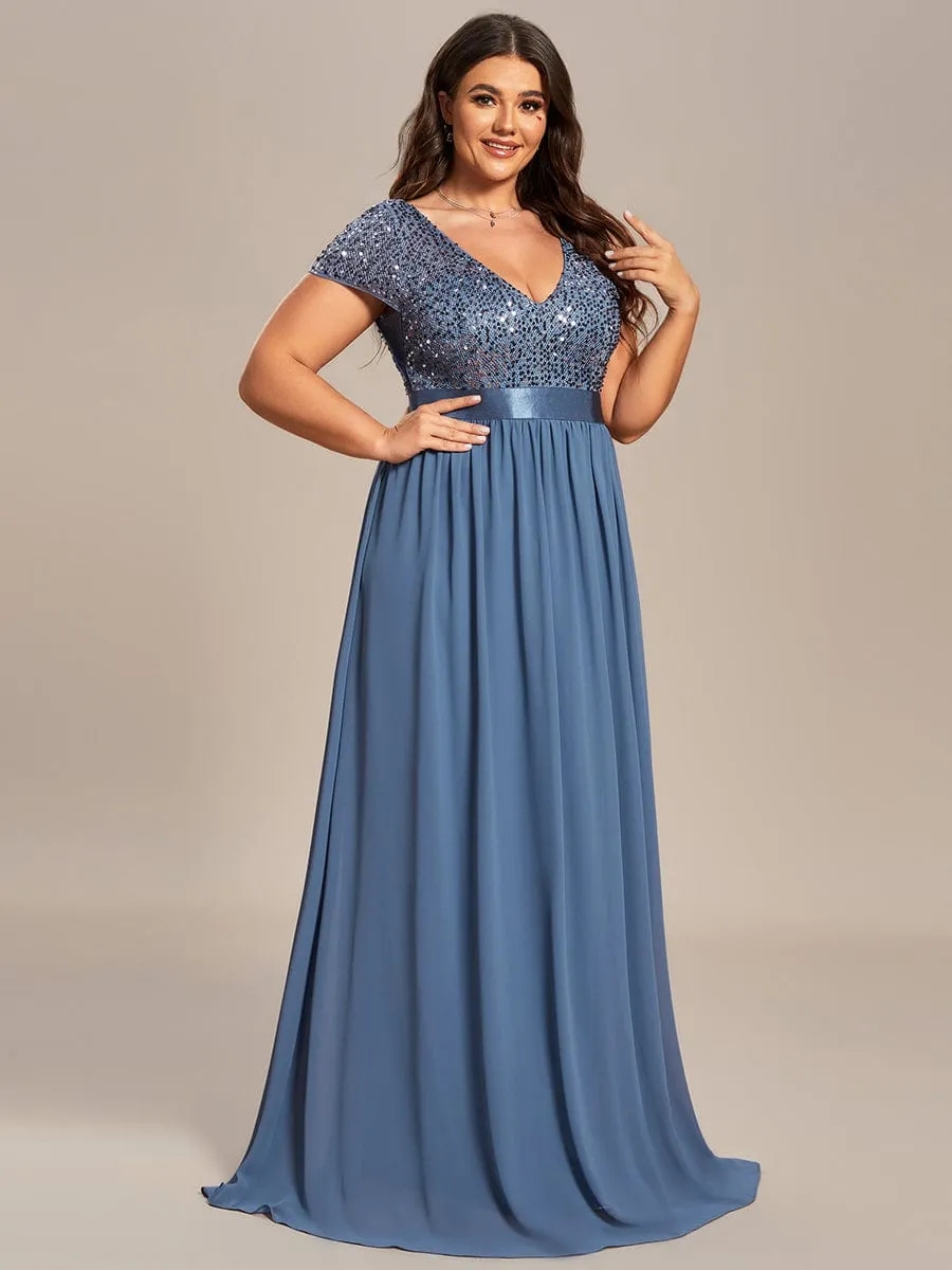 Plus Size Empire Waist V-Neck Cap Sleeve Chiffon Formal Evening Dress