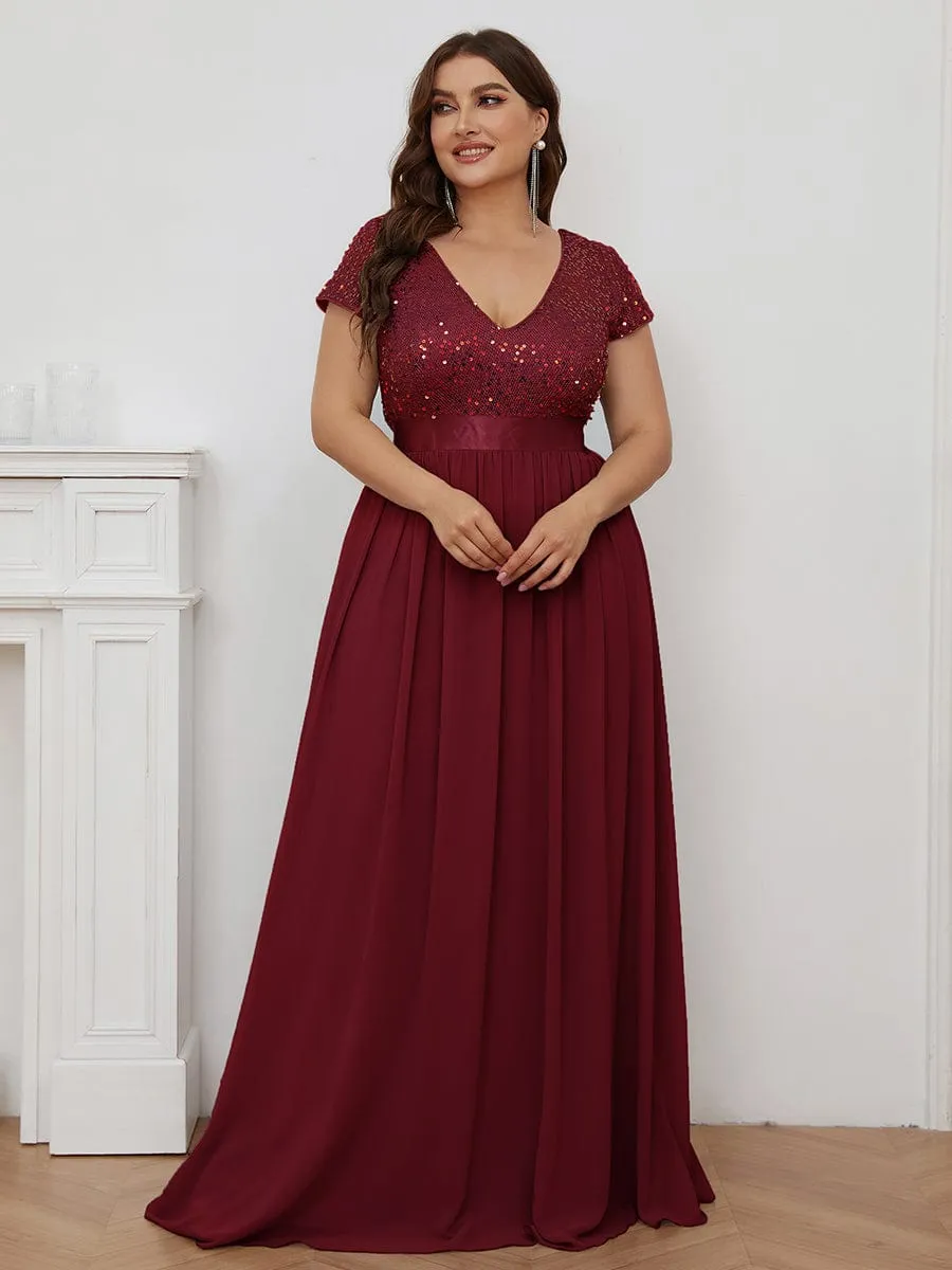 Plus Size Empire Waist V-Neck Cap Sleeve Chiffon Formal Evening Dress