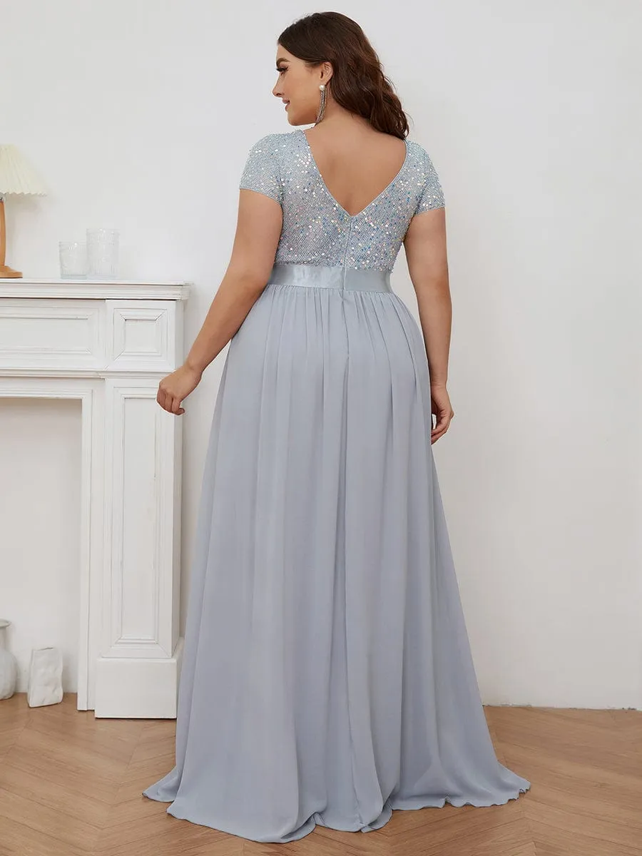 Plus Size Empire Waist V-Neck Cap Sleeve Chiffon Formal Evening Dress