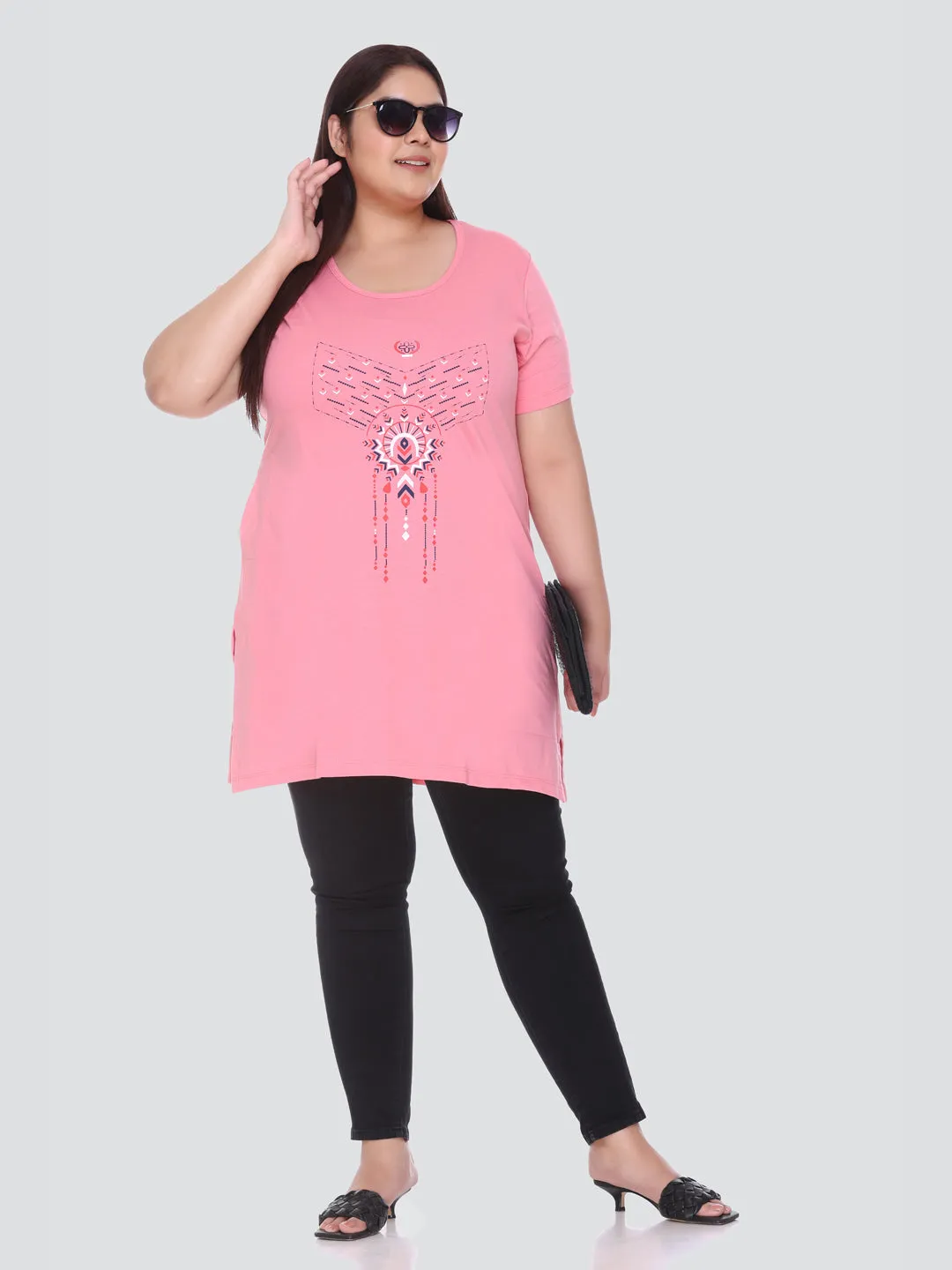 Plus Size Long T-shirt For Women - Half Sleeves - Blush Pink