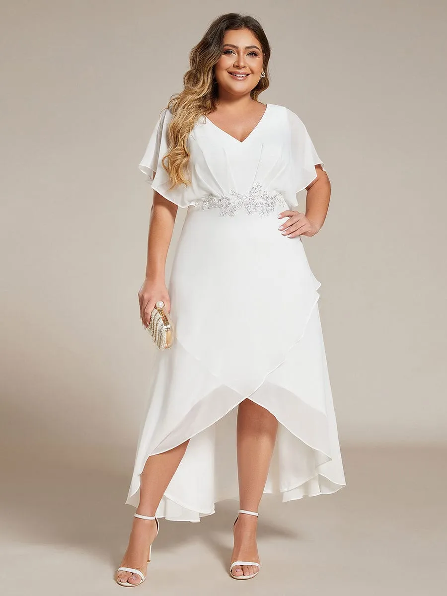 Plus Size V-Neck Chiffon Bat-Wing Sleeve A-Line Waist Applique Formal Dress