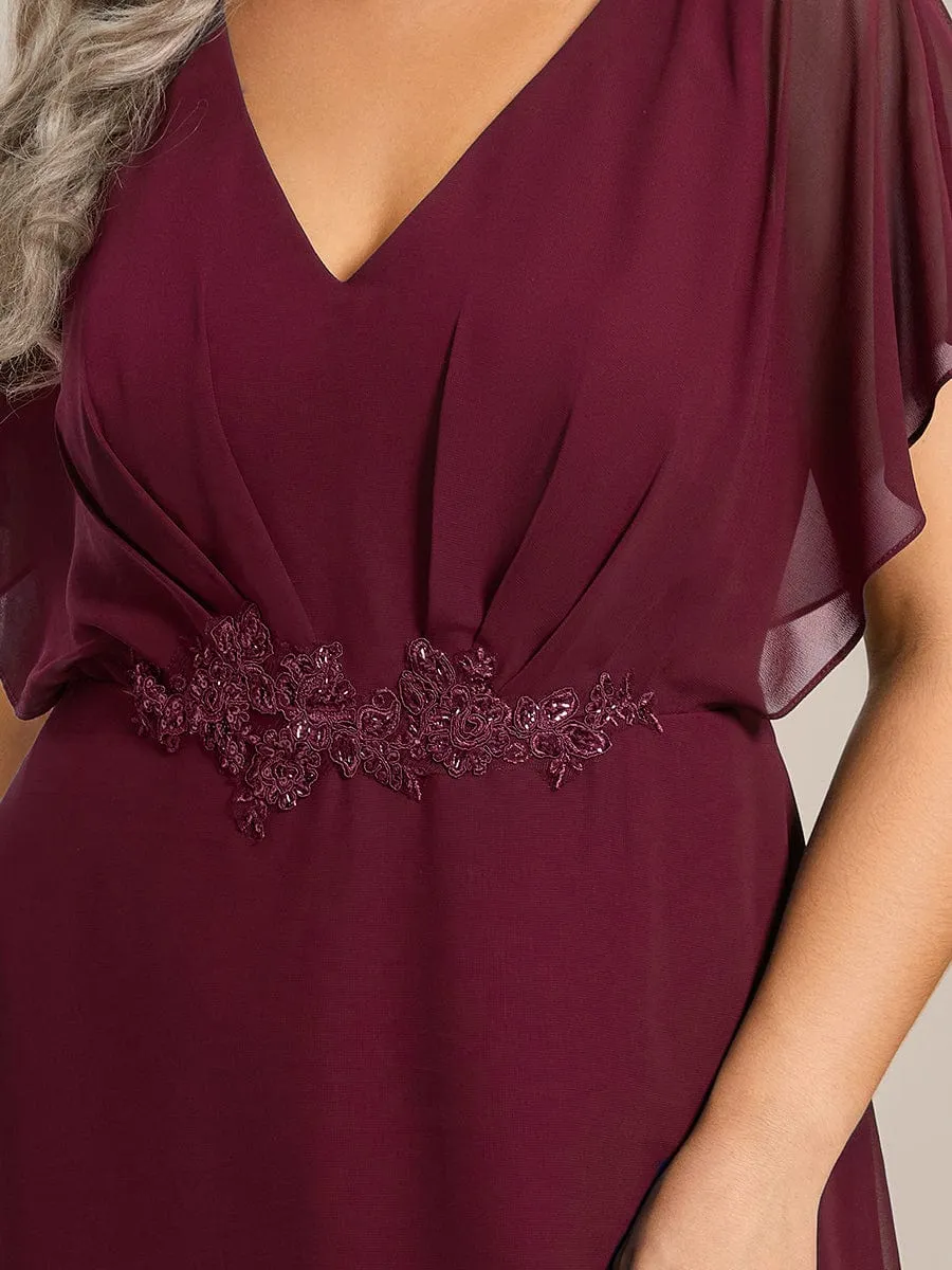 Plus Size V-Neck Chiffon Bat-Wing Sleeve A-Line Waist Applique Formal Dress