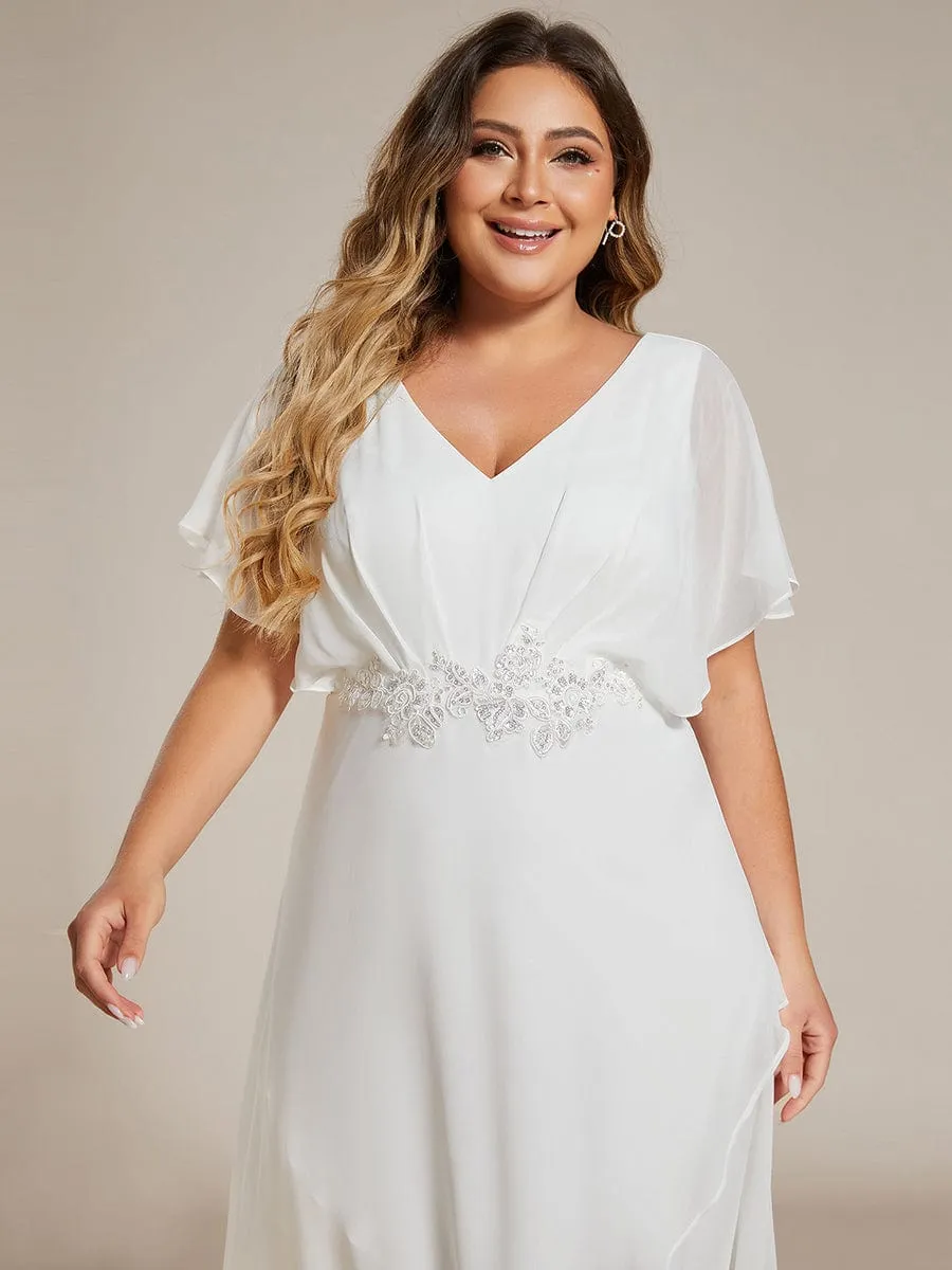 Plus Size V-Neck Chiffon Bat-Wing Sleeve A-Line Waist Applique Formal Dress