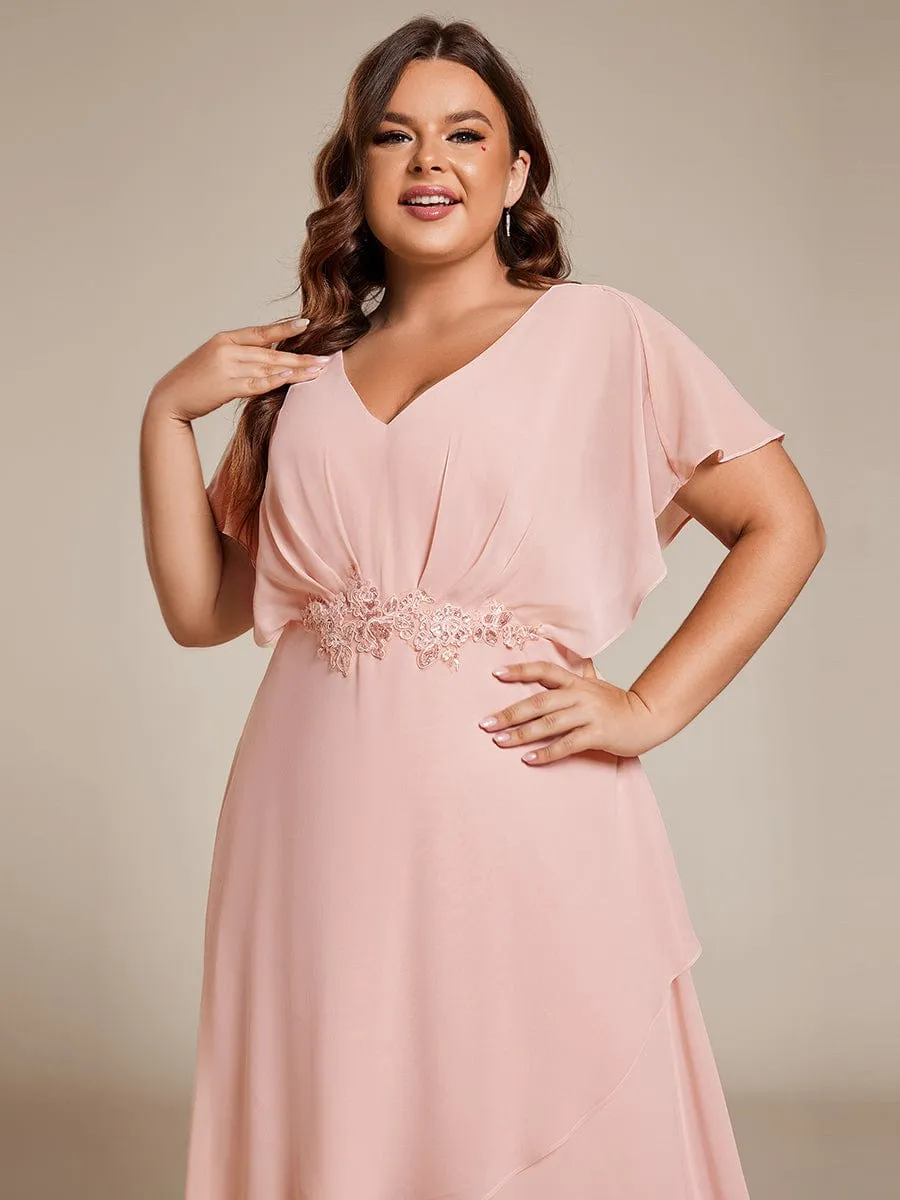 Plus Size V-Neck Chiffon Bat-Wing Sleeve A-Line Waist Applique Formal Dress