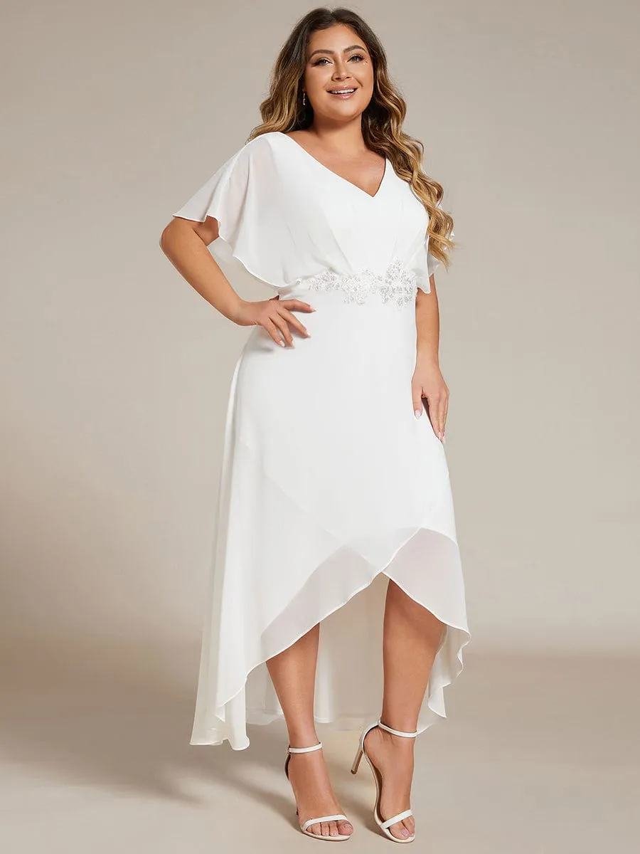 Plus Size V-Neck Chiffon Bat-Wing Sleeve A-Line Waist Applique Formal Dress