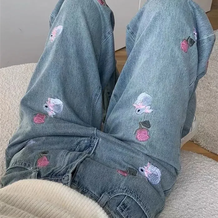 Rose and Bunny Embroidery Jeans