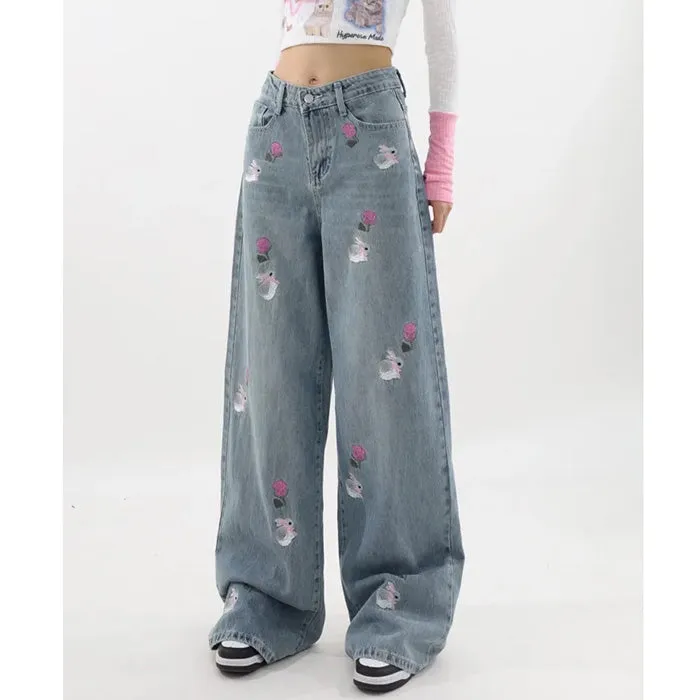 Rose and Bunny Embroidery Jeans