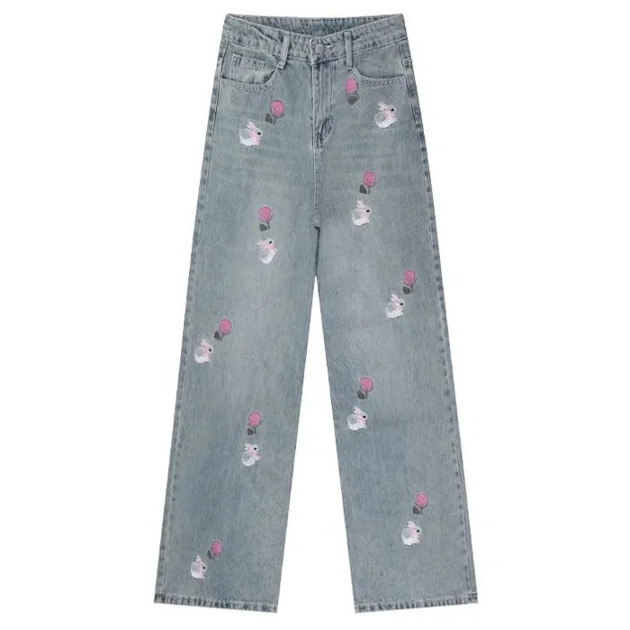 Rose and Bunny Embroidery Jeans