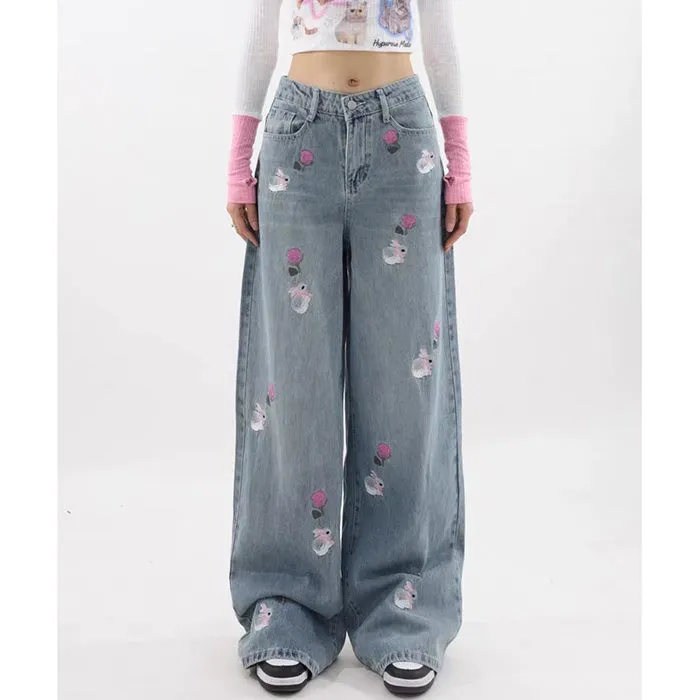 Rose and Bunny Embroidery Jeans