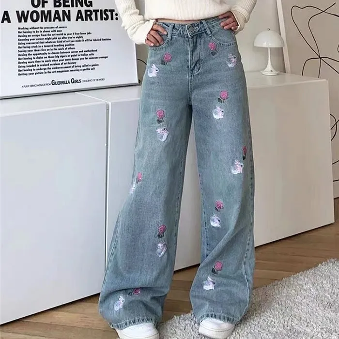 Rose and Bunny Embroidery Jeans