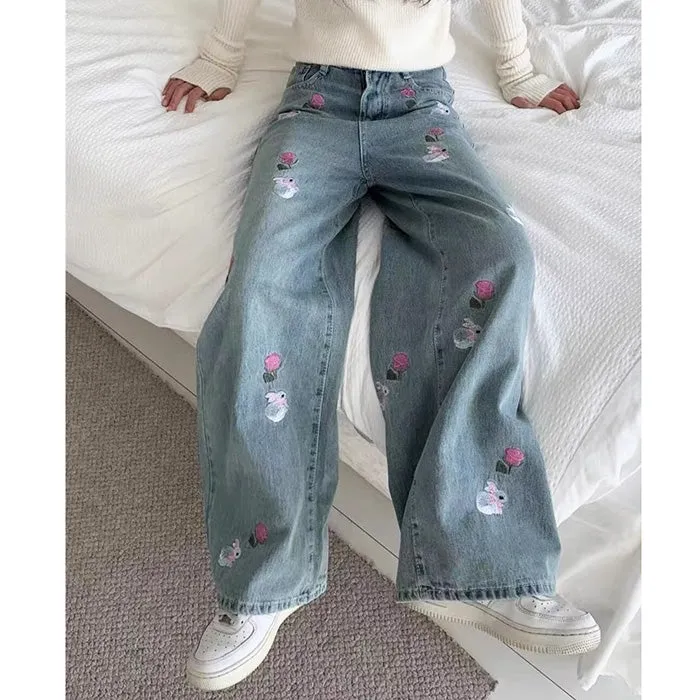 Rose and Bunny Embroidery Jeans