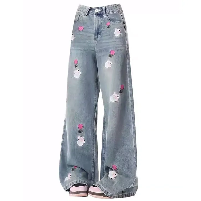 Rose and Bunny Embroidery Jeans