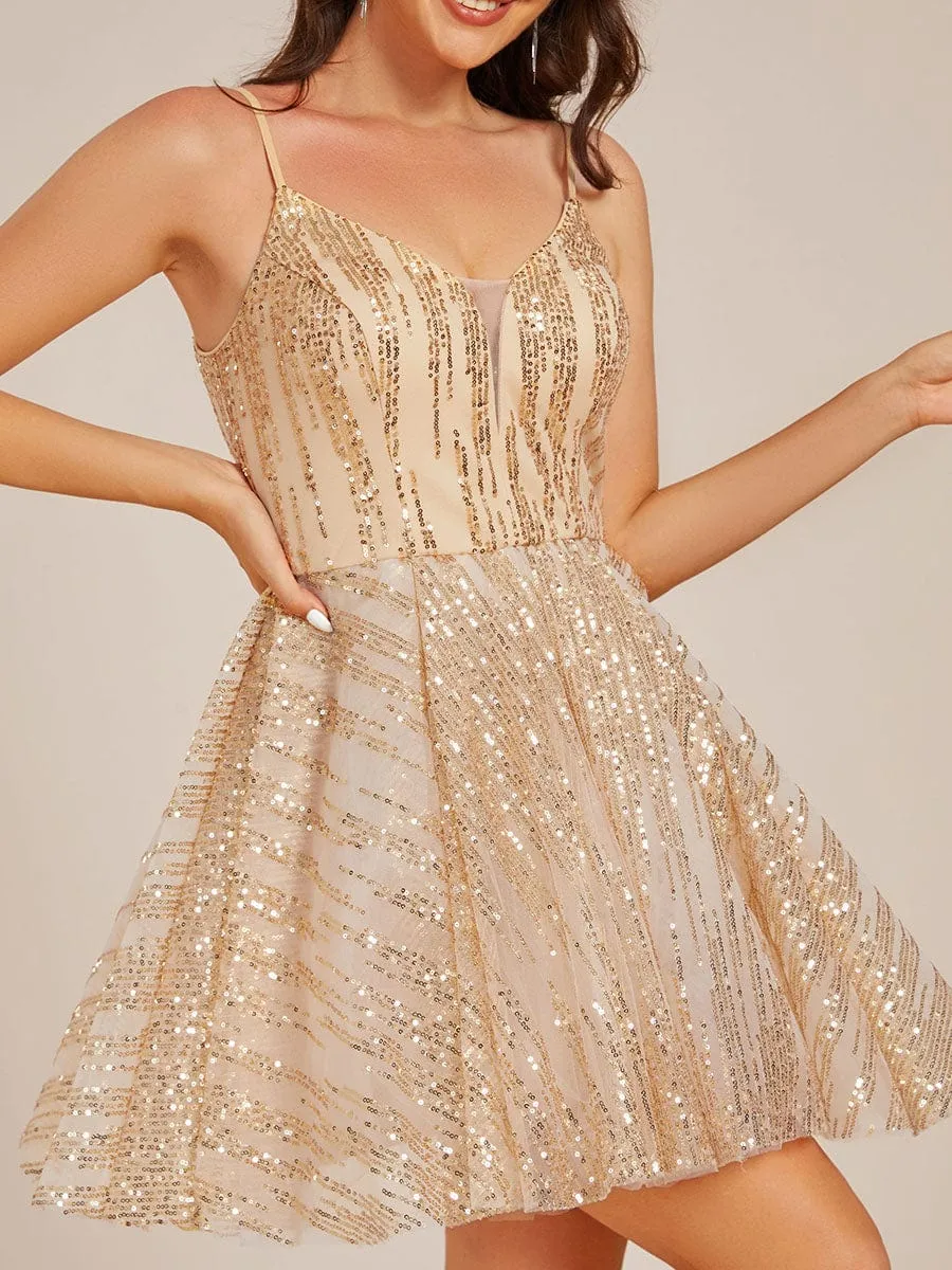 Sequin A-Line Spaghetti Strap Mini Homecoming Prom Dress