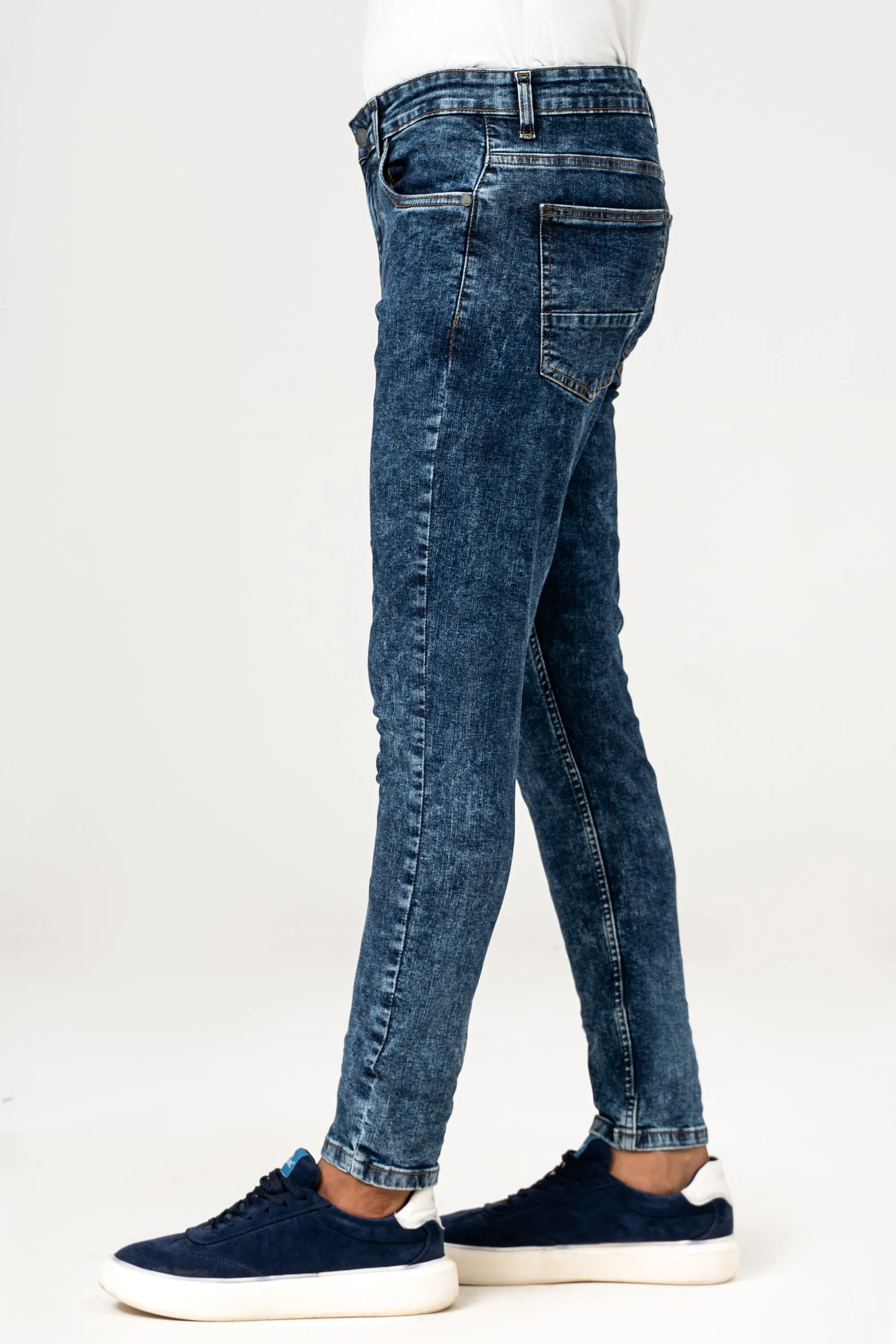 SKINNY LEG DENIM JEANS MID BLUE RANDOM WASHED