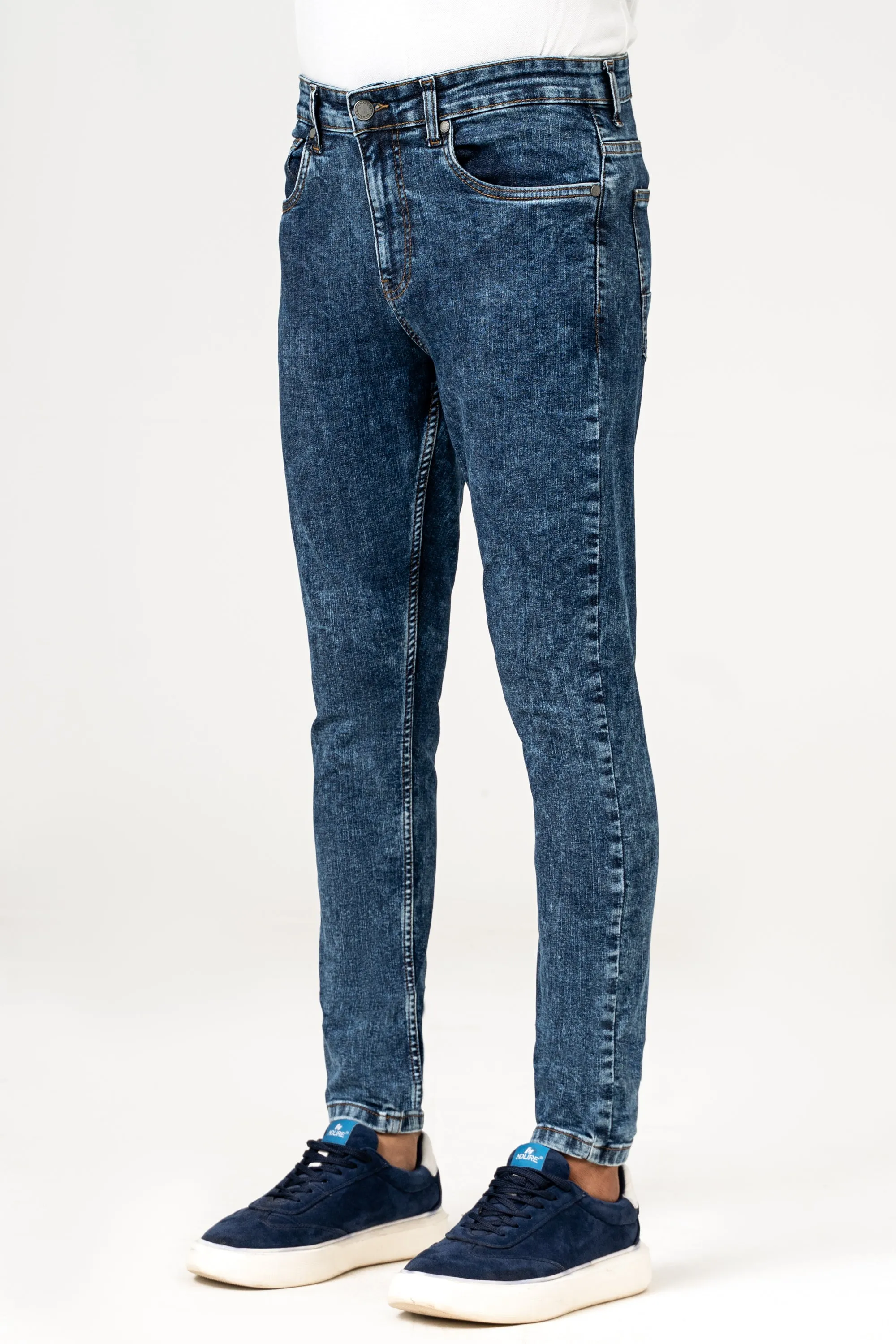 SKINNY LEG DENIM JEANS MID BLUE RANDOM WASHED