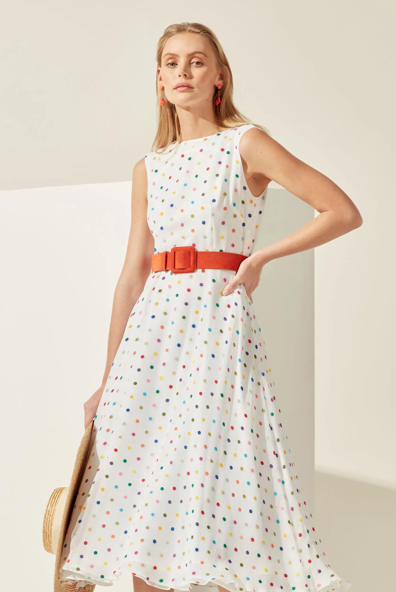 Sleeveless Midi Dress in Embroidered Dot Chiffon - Lettie