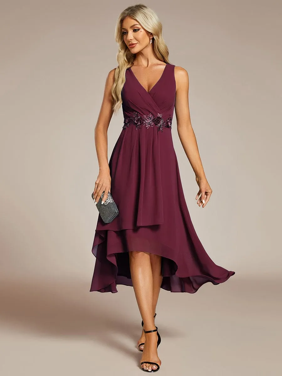 Sleeveless V-Neck High Low Wedding Guest Dress with Floral Applique