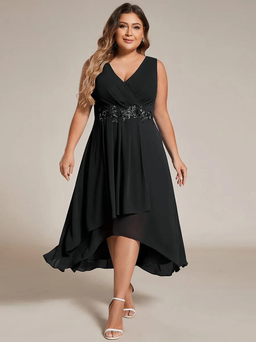 Sleeveless V-Neck High Low Wedding Guest Dress with Floral Applique