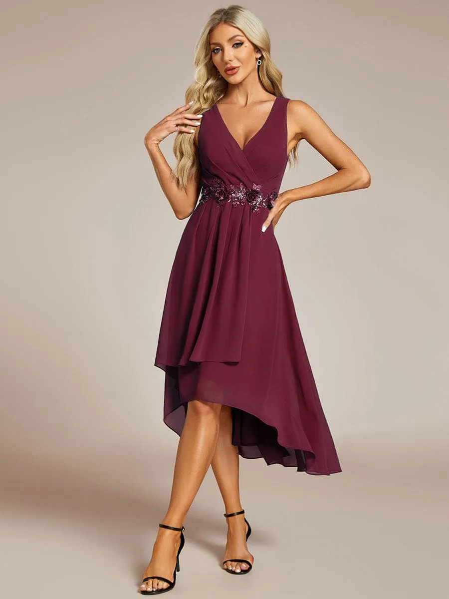 Sleeveless V-Neck High Low Wedding Guest Dress with Floral Applique