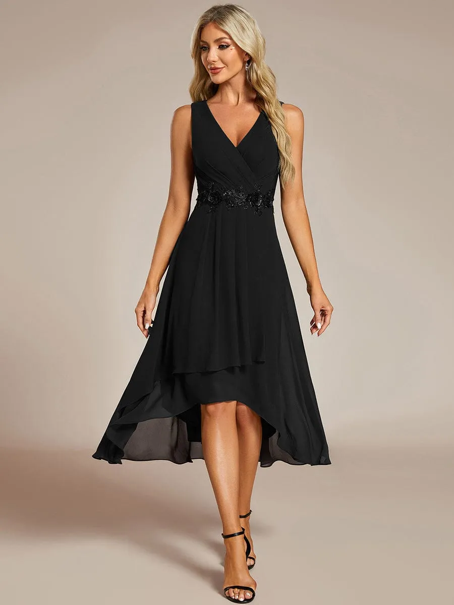 Sleeveless V-Neck High Low Wedding Guest Dress with Floral Applique