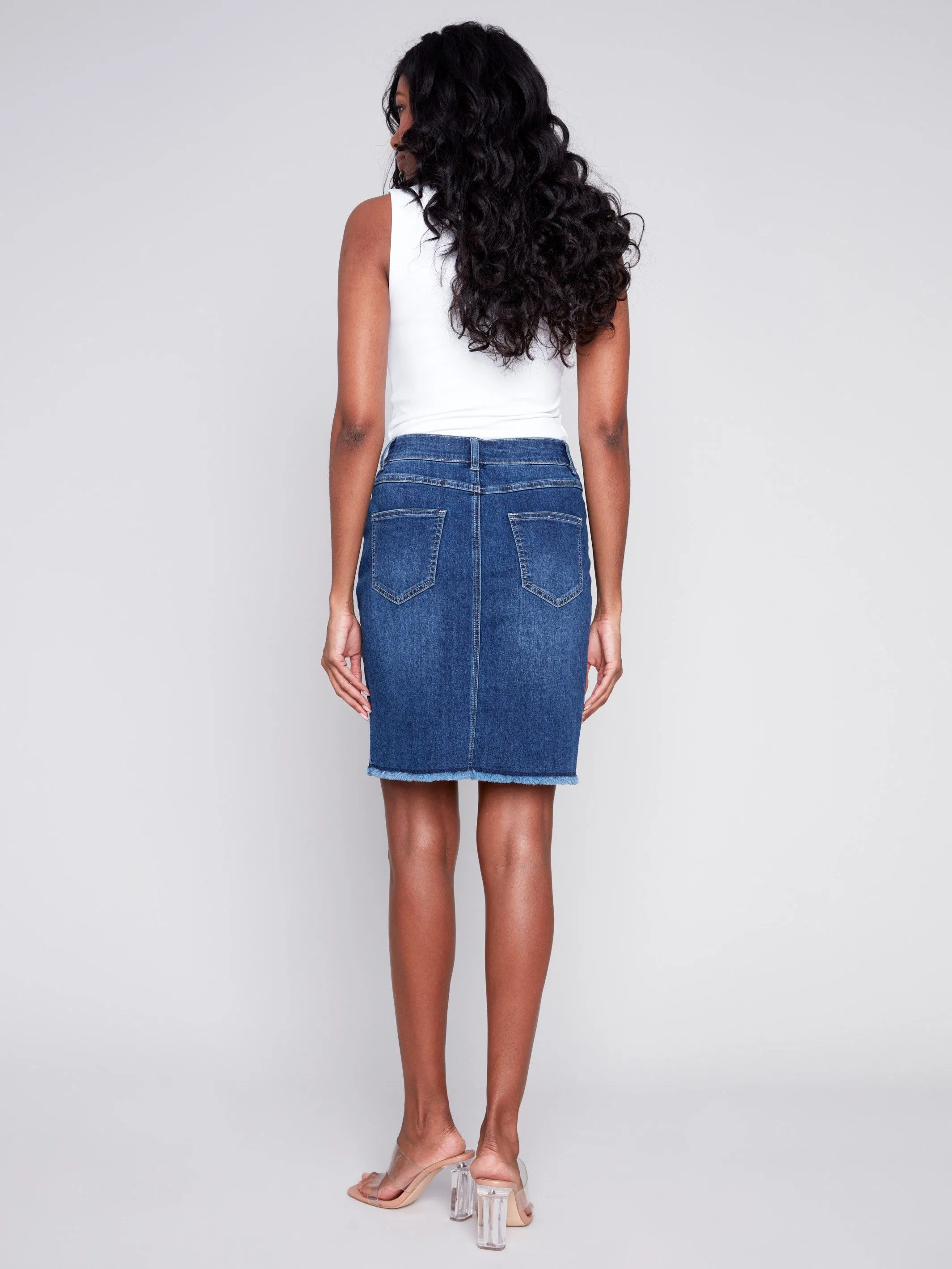 Stretch Denim Skort with Frayed Hem - Indigo